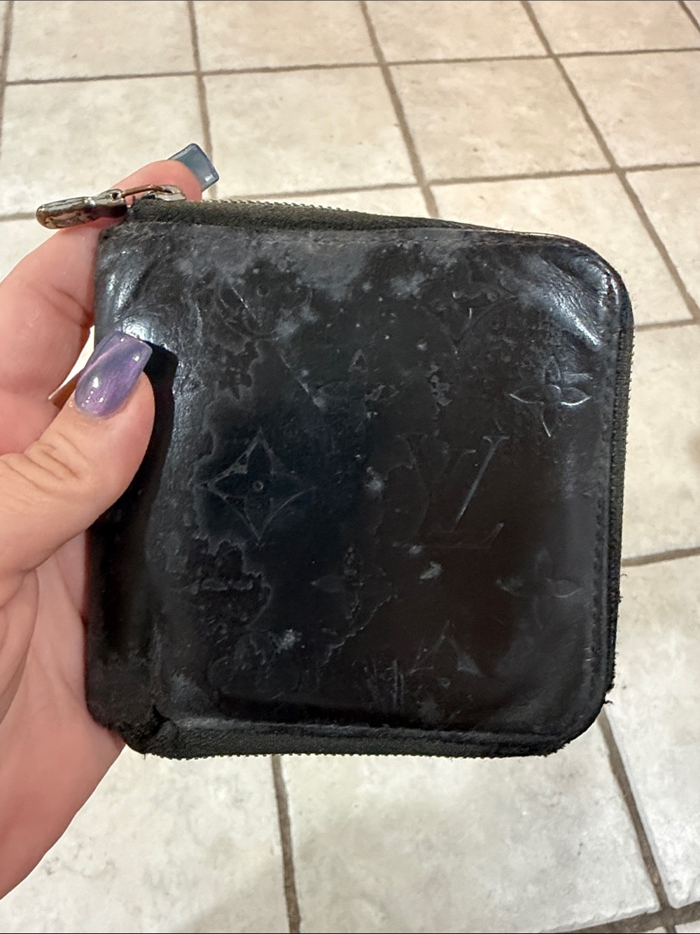 Louis Vuitton Wallet Porte Vie Monet Zip Monogram Glace BLK Leather, Scratches